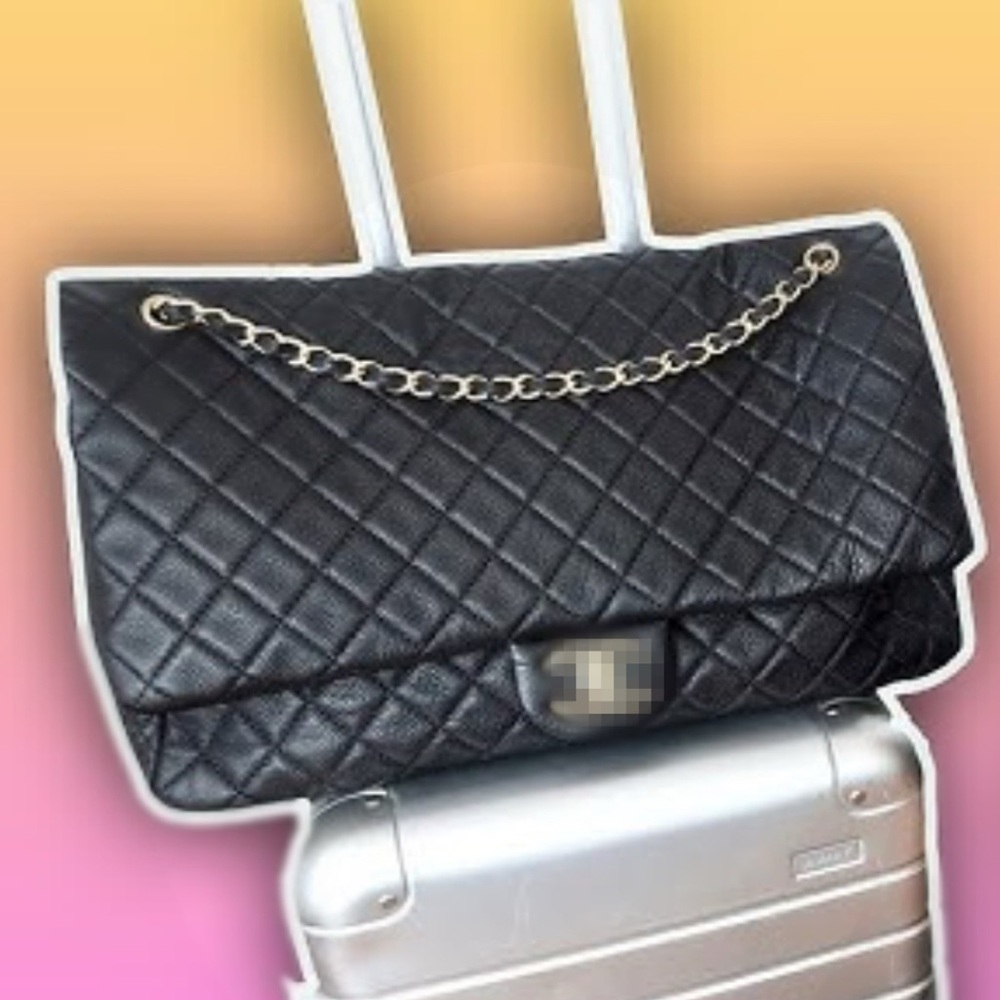 Luxury airline calfskin leather Quilted Black Bag Chain XXL oversized - Picture 2 of 13